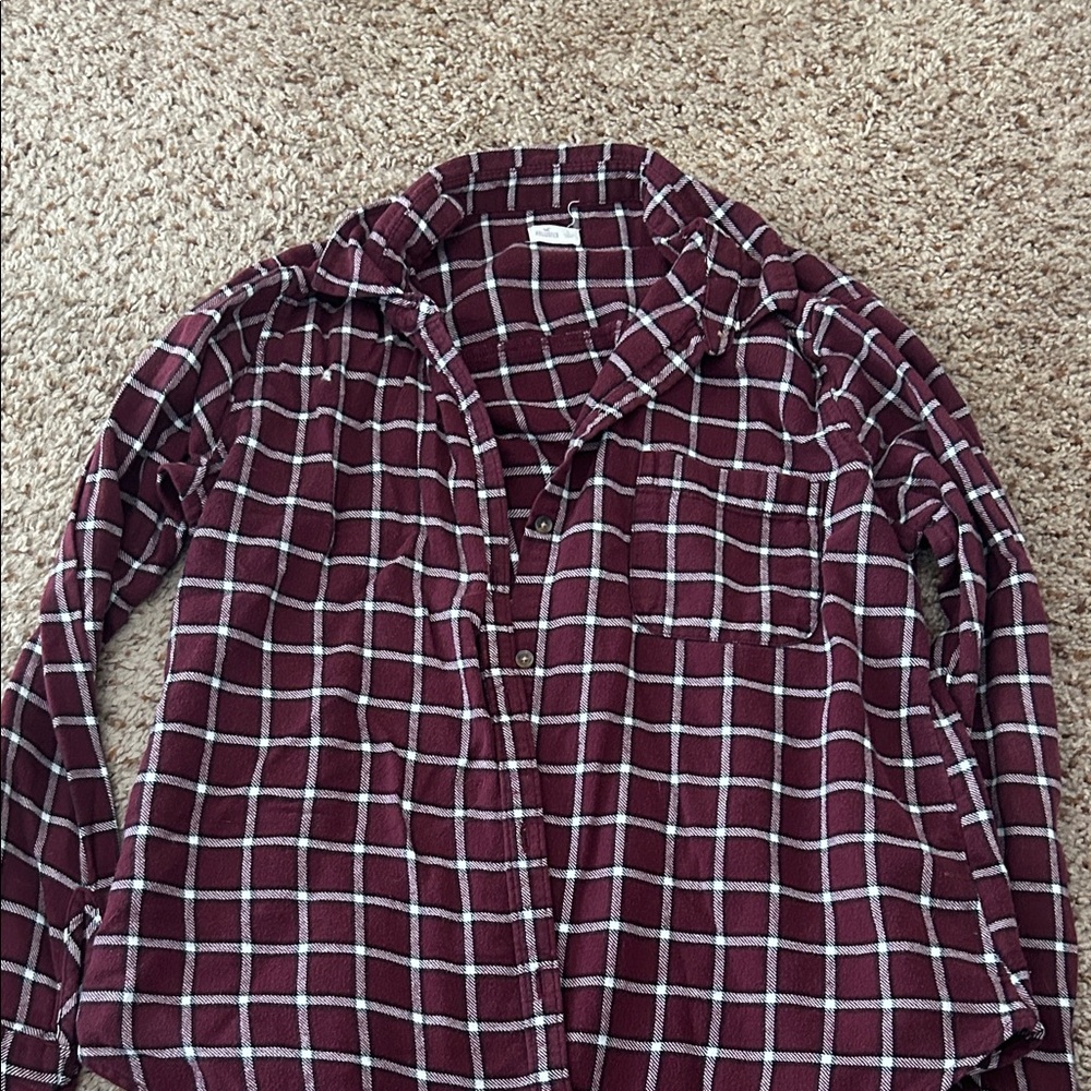 Hollister Maroon and white button down flannel Shirt